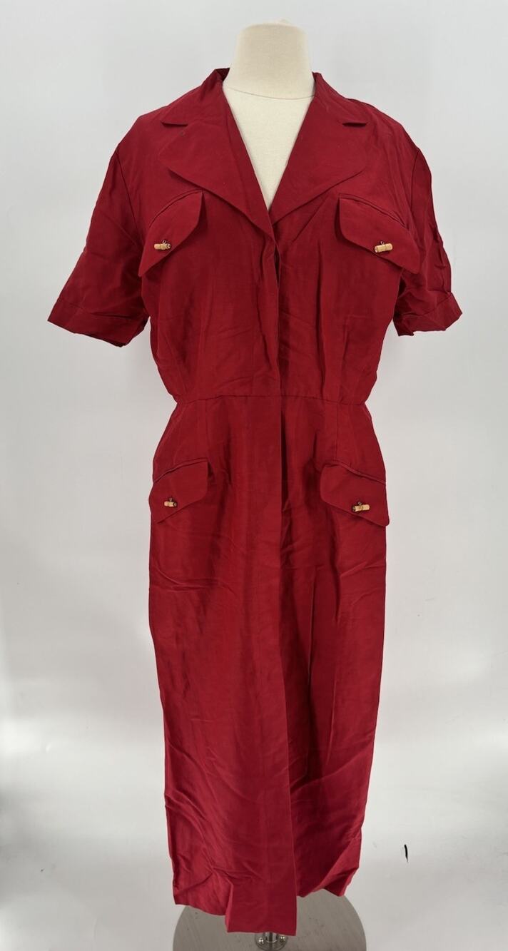 Doncaster Vintage Shirt Dress Womens 12 Red Silk Linen Maxi Buttons Bamboo 90s